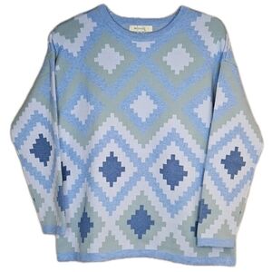 Woolovers Blue Sage Southwestern Aztec Pullover Crewneck Wool Blend Knit Sweater